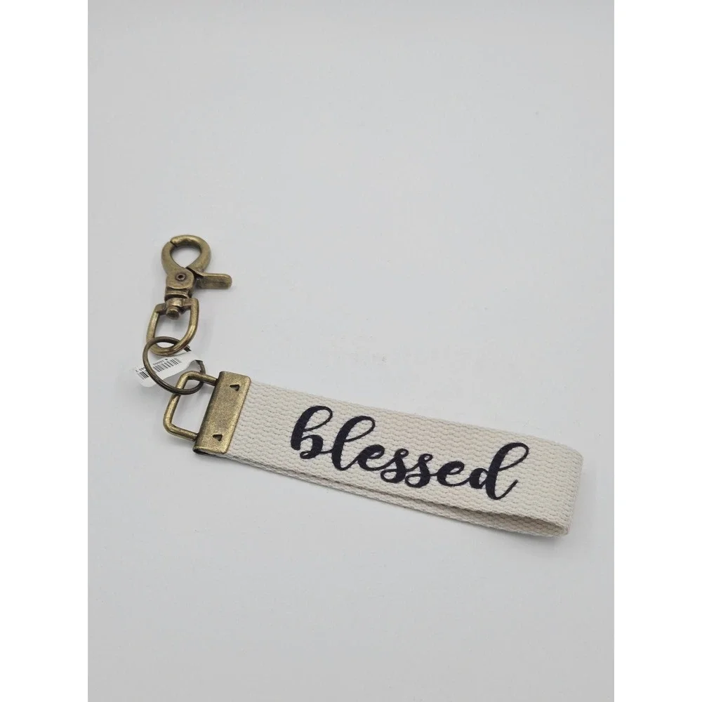 Altar'd State Blessed Canvas Wristlet Keychain Antique Brass Clasp Cream Black